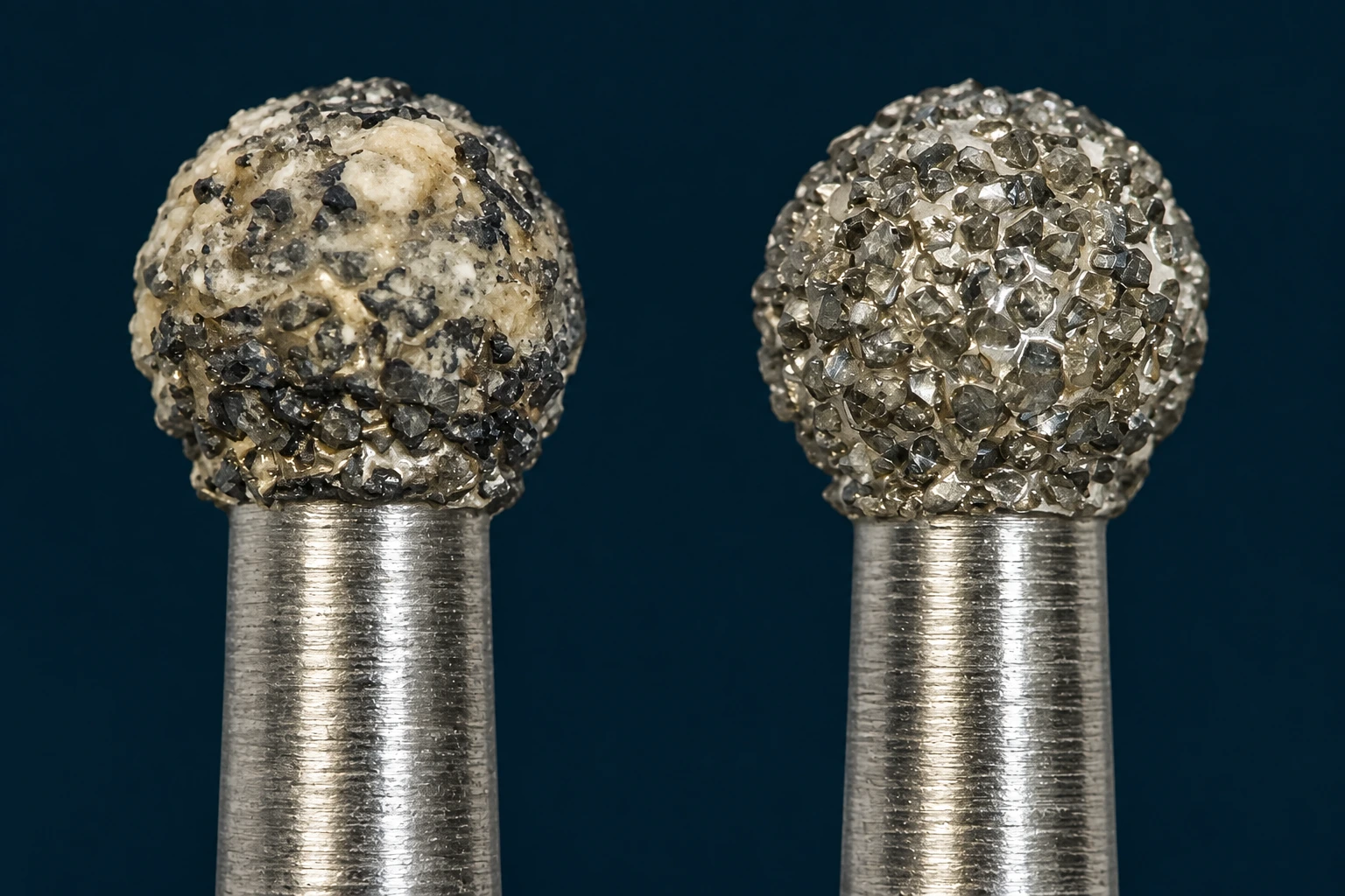 AI-generated illustration of two matching round-head diamond-coated dental burs: dried residue on the left and exposed diamond texture after cleaning on the right